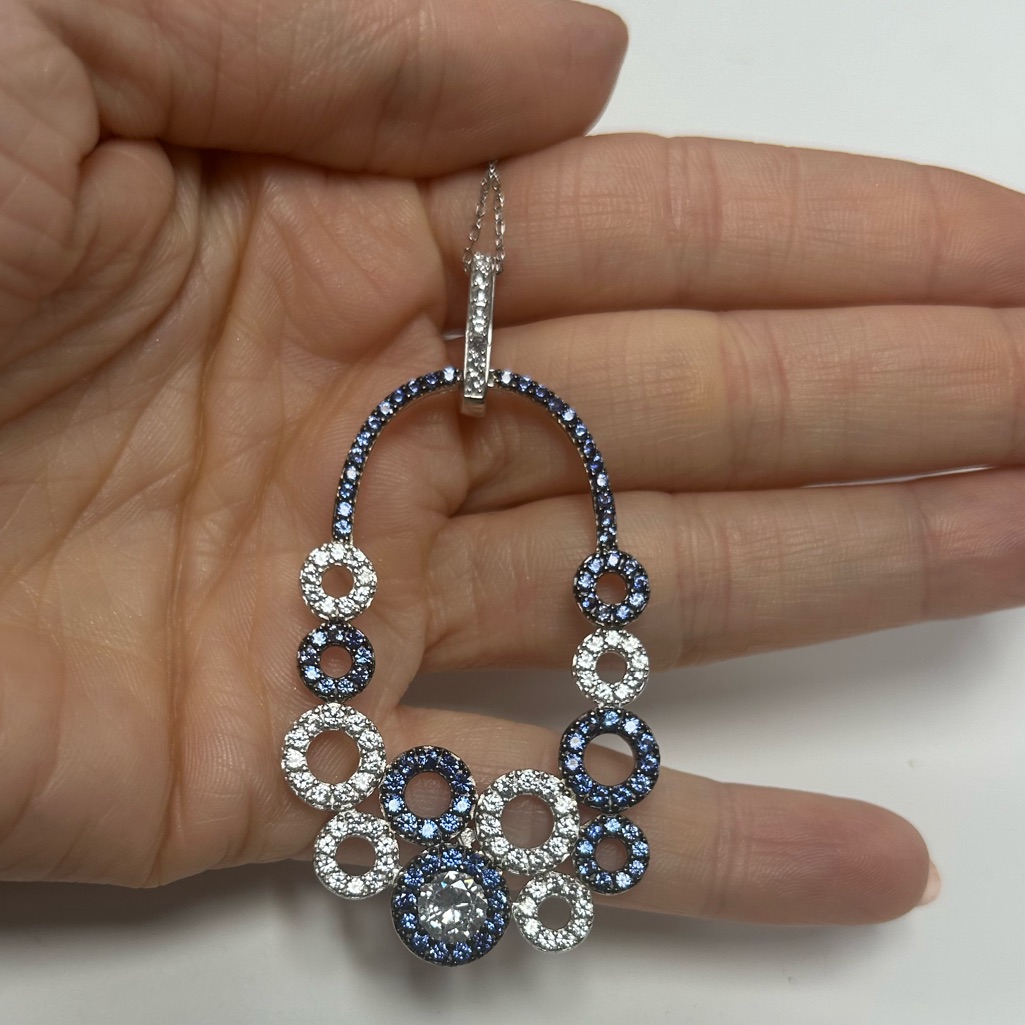 Suzy Levian Sterling Silver Blue White Sapphire Circle Pendant Necklace Nwt